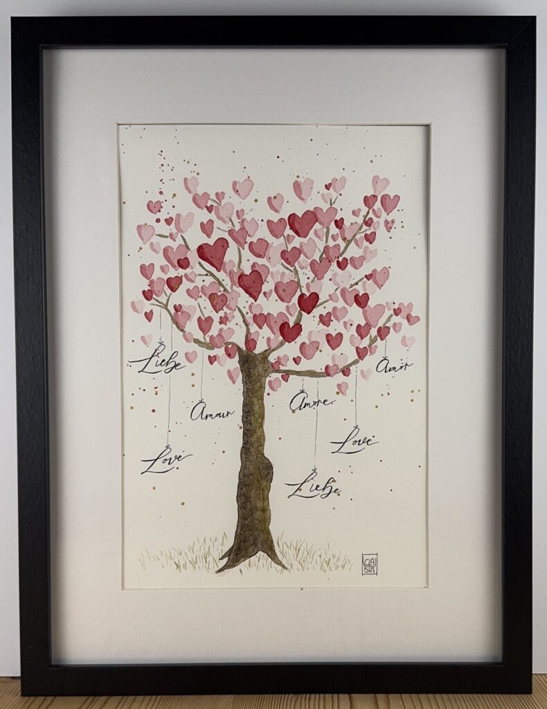 Acquerello originale "Albero dell'Amore" dipinto a mano da Claudia Art.