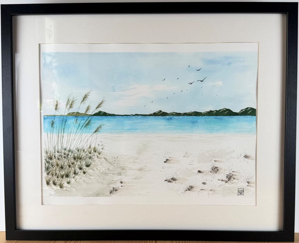 Acquerello originale "Spiaggia sul Mare del Nord" dipinto a mano da Claudia Art.